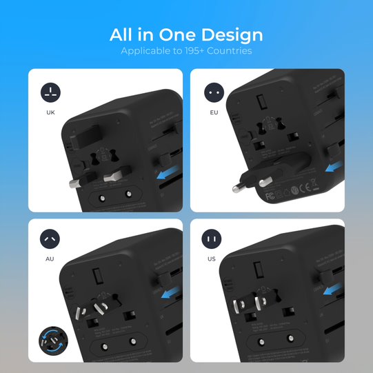 Blupebble Passport 3.1 World Travel Adapter with PD 20W + 1USB-C + 2 USB-A - Black