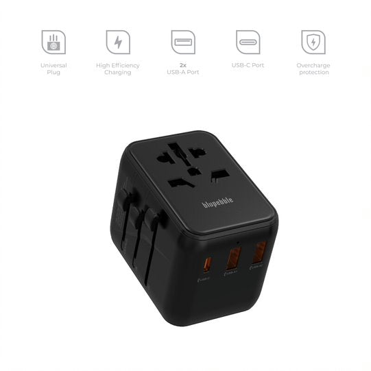 Blupebble Passport 3.1 World Travel Adapter with PD 20W + 1USB-C + 2 USB-A - Black