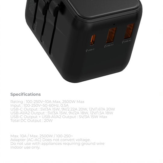 Blupebble Passport 3.1 World Travel Adapter with PD 20W + 1USB-C + 2 USB-A - Black