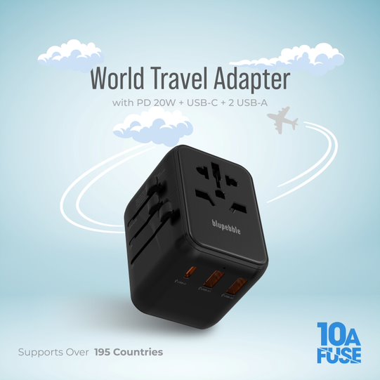 Blupebble Passport 3.1 World Travel Adapter with PD 20W + 1USB-C + 2 USB-A - Black