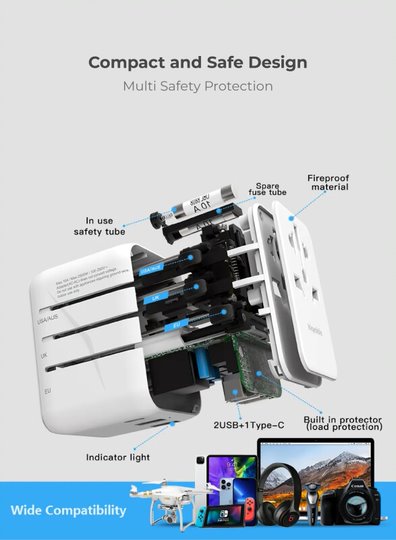 Blupebble Passport 3.1 World Travel Adapter with PD 20W + 1USB-C + 2 USB-A - White