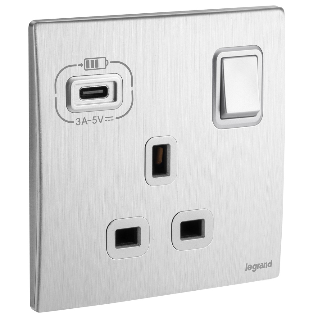 Legrand British Standard Socket Outlet With USB-C Chargers - 13A 250V~ 1 Gang Single Pole Switched - Brushed Aluminium