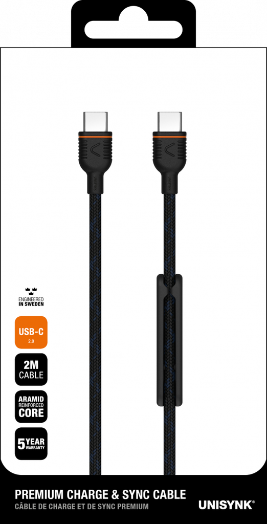 UNISYNK Premium USB-C 60W Cable 2 Meter - Black