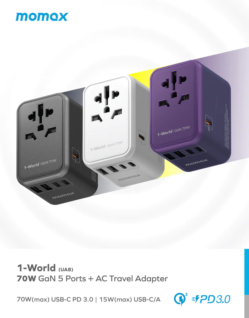 Momax 1-World 7OW GaN 5 ports + AC Travel Adapter (Titanium)