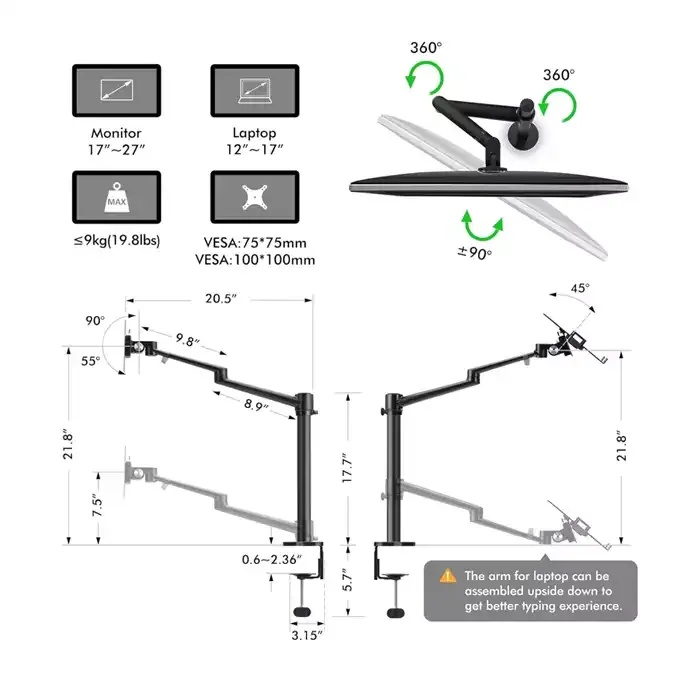Gamvity 3-In-1 Adjustable Triple Monitor Arm Desk Mounts, Dual Desk Arm Stand/Holder With Extra Tray Fits Laptops