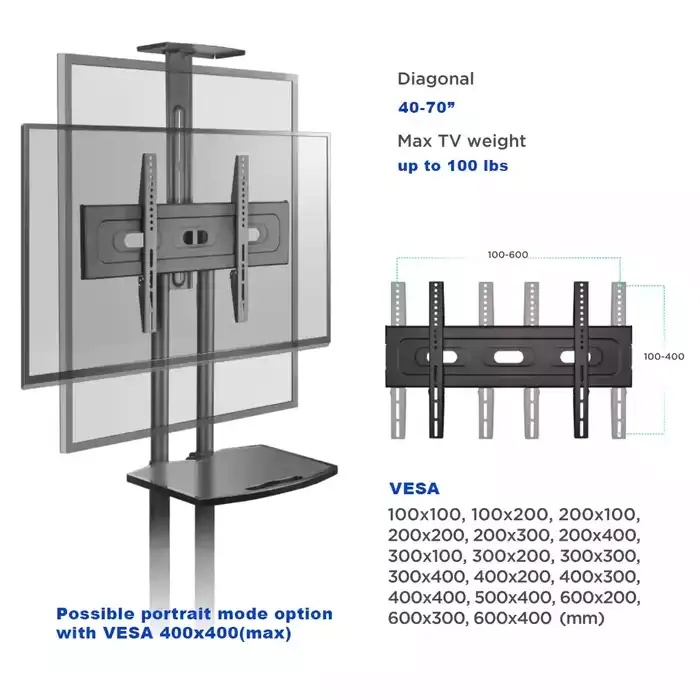 Gamvity Trolley With Wheels Adjustable Height Mobile Tv Mount Stand Height Adjustable Lcd Screen Floor Stand Carts With Dvd Shelf (32-70inch)