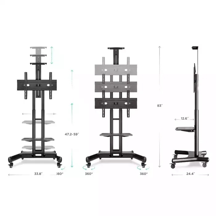 Gamvity Trolley With Wheels Adjustable Height Mobile Tv Mount Stand Height Adjustable Lcd Screen Floor Stand Carts With Dvd Shelf (32-70inch)