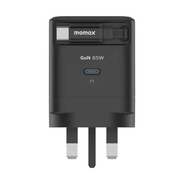 MOMAX 1-Charge+ 1-Port GaN 65W charger with Retractable USB-C Cable (Black)