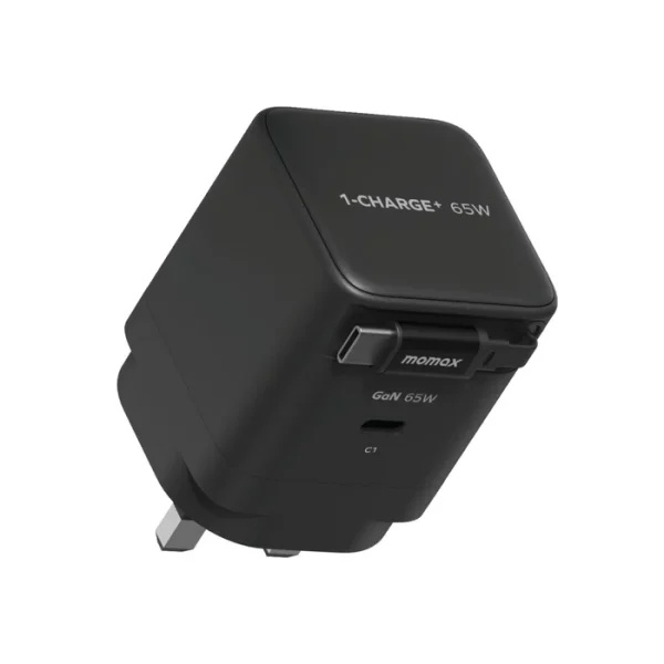 MOMAX 1-Charge+ 1-Port GaN 65W charger with Retractable USB-C Cable (Black)