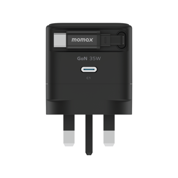MOMAX 1-Charge+ 1-Port GaN 35W charger with Retractable USB-C Cable (Black)