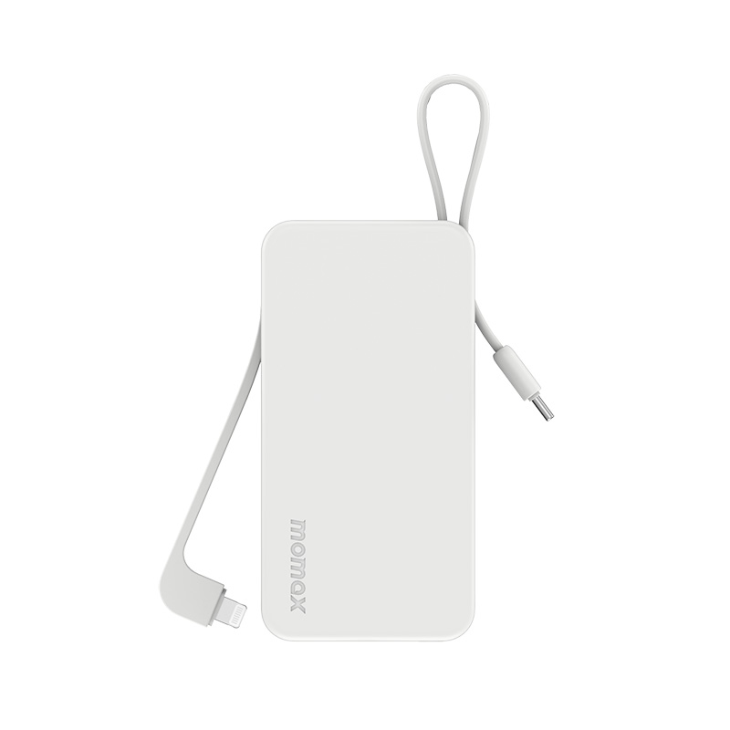 MOMAX 1-Power Vital+ 10000mAh Battery Pack with Built-in USB-C and Lightning Cable (White)