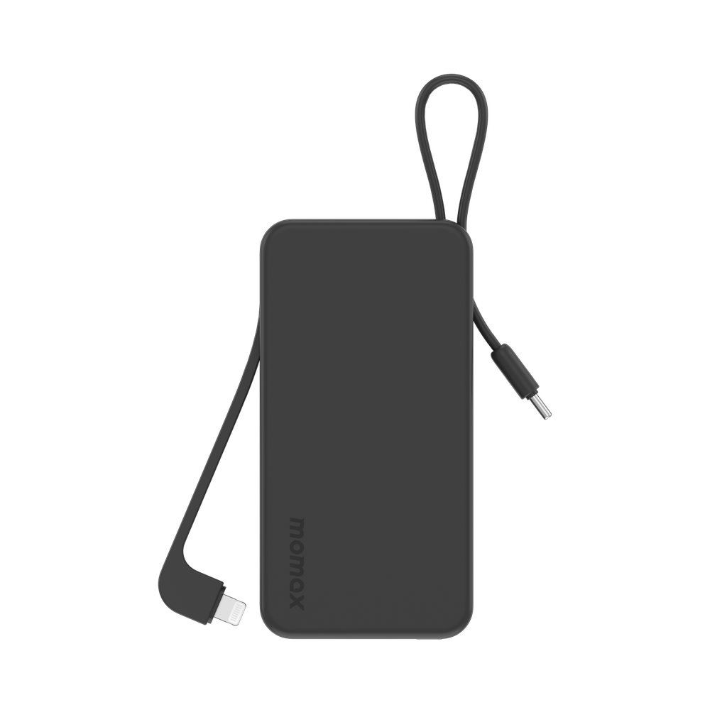 MOMAX 1-Power Vital+ 10000mAh Battery Pack with Built-in USB-C and Lightning Cable (Black)