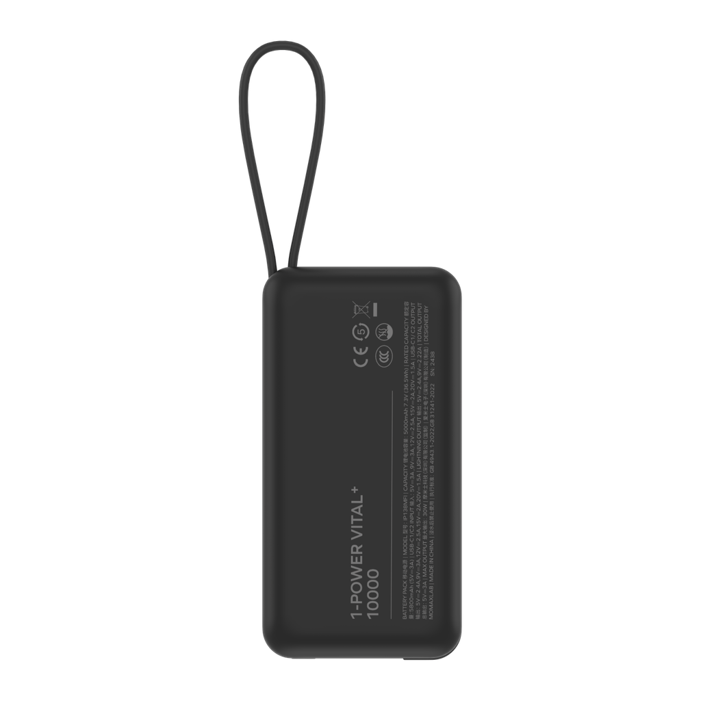 MOMAX 1-Power Vital+ 10000mAh Battery Pack with Built-in USB-C and Lightning Cable (Black)