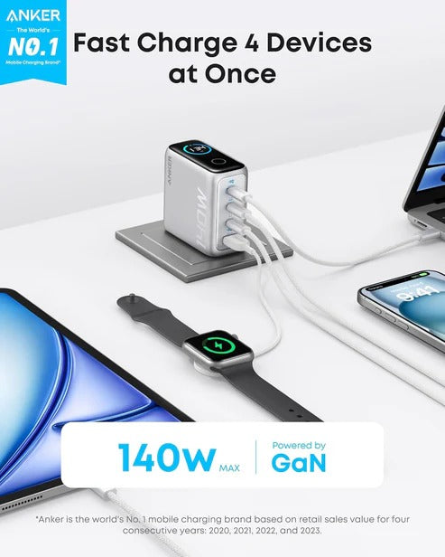 Anker Charger (140W, 4-Ports, PD 3.1) with USB-C Cable - Silver