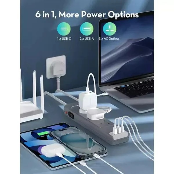 RAVPower RP-PC1038 3 Outlets Power Strip Gray UK Version 3m with USB Port