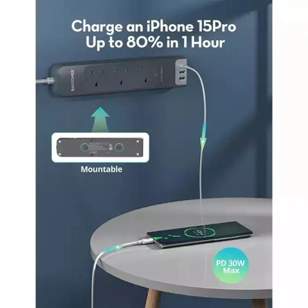 RAVPower RP-PC1038 3 Outlets Power Strip Gray UK Version 3m with USB Port