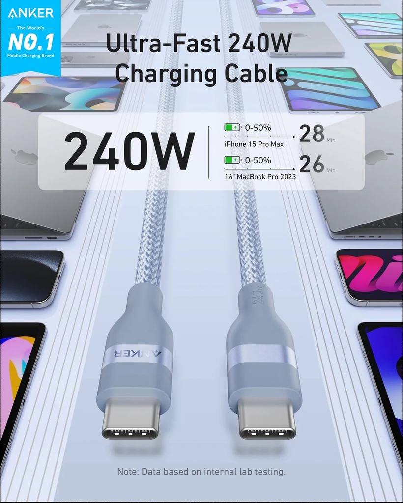 Anker USB-C to USB-C Cable 240W (Upcycled-Braided) (0.9m/3ft) - BLUE