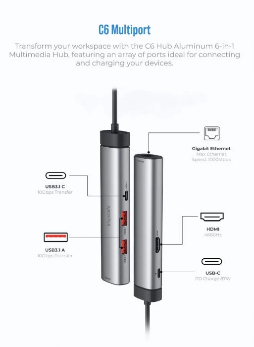 Blupebble C9 Multiport Aluminum 9-in-1 Multimedia Hub Gray (copy)