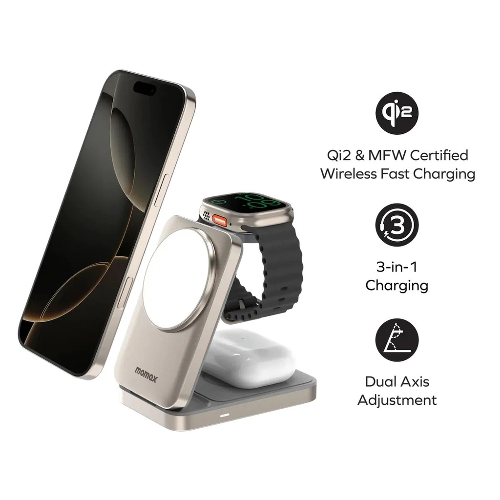 Ezzat 1-Charge Q.Port Qi2 3-in-1 Magnetic Wireless Charging Stand (Titanium)