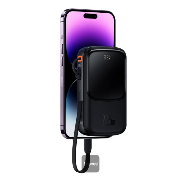 باور بانك Baseus Qpow Pro بشاشة رقمية وشاحن سريع، 10000 مللي أمبير/ساعة، 22.5 واط، إصدار USB-C - أسود مع: كابل شحن بسيط USB-C 3 أمبير، 0.3 متر - إصدار عالمي أسود
