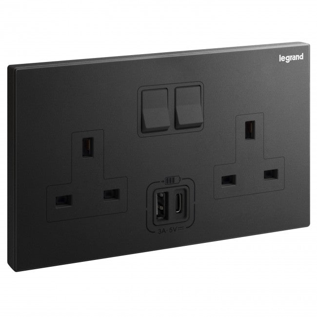 Legrand British Standard Socket Outlet With USB Type - A + C Chargers Galion - 13A 250V 2 Gang Single Pole - Switched - Matt - Black