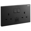 Legrand British Standard Socket Outlet With USB Type - A + C Chargers Galion - 13A 250V 2 Gang Single Pole - Switched - Matt - Black