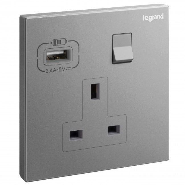 Legrand British Standard Socket Outlet With USB Type - A Charger Galion - 13A 250V~ 1 Gang Single Pole - Switched - Dark Silver