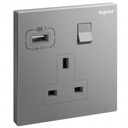 Legrand British Standard Socket Outlet With USB Type - A Charger Galion - 13A 250V~ 1 Gang Single Pole - Switched - Dark Silver