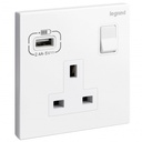 Legrand British Standard Socket Outlet With USB Type - A Charger Galion - 13A 250V 1 Gang Single Pole - Switched - White