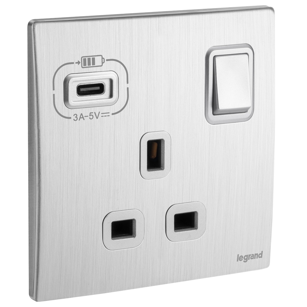 مقبس كهربائي قياسي بريطاني من ليجراند مع شاحن USB-C Belanko S - 13 أمبير 250 فولت، أحادي القطب، مفتاح - لون أنثراسيت