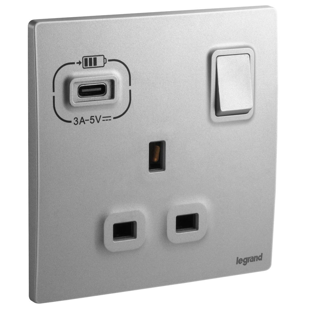 مقبس كهربائي قياسي بريطاني من ليجراند مع شواحن USB-C - 13 أمبير 250 فولت، أحادي القطب، مفتاح أحادي - ألومنيوم مصقول