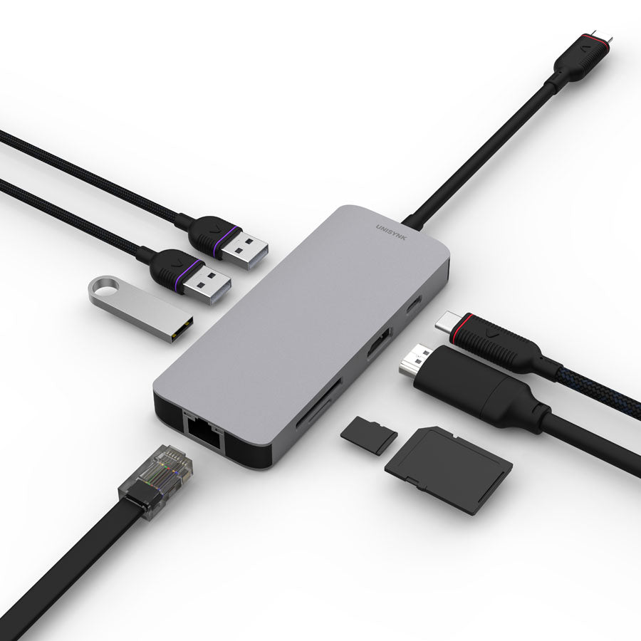 UNISYNK USB-C To 8-Port Hub 100W - Gray