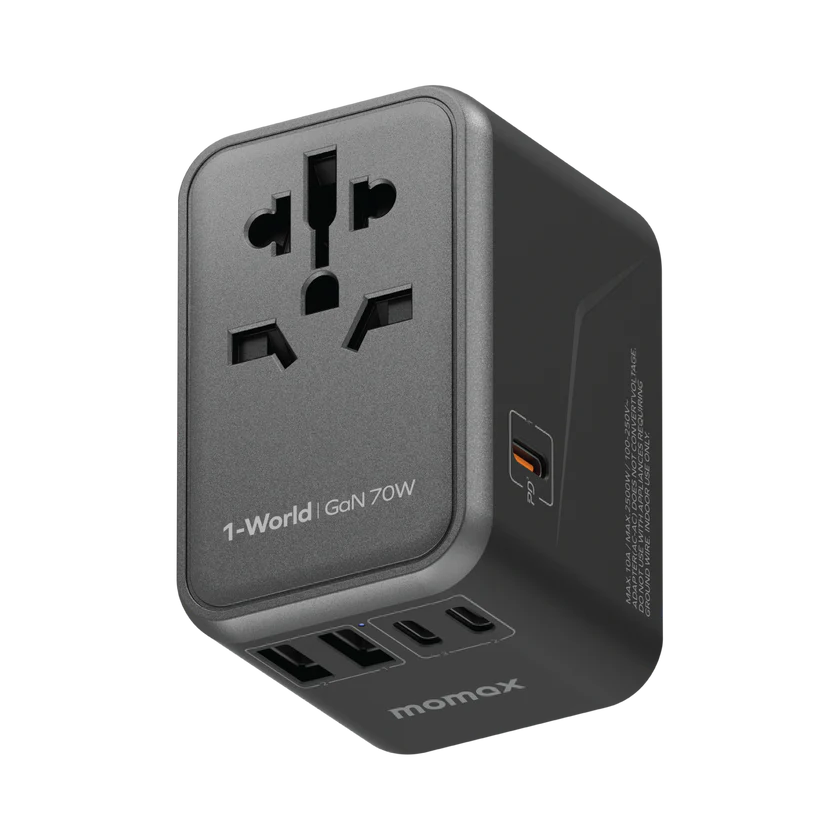 MOMAX 1-World+ 70W GaN 3-Port مع كابل USB-C مدمج + محول تيار متردد للسفر (تيتانيوم صحراوي)