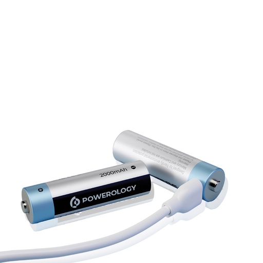 بطارية ليثيوم أيون AAA قابلة لإعادة الشحن من Powerology USB-C (عبوة من 4 قطع) - أبيض