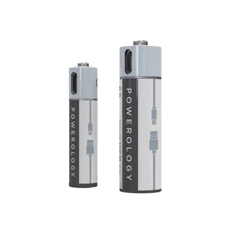 بطارية ليثيوم أيون AA قابلة لإعادة الشحن من Powerology USB-C (عبوة من 4 قطع) - أبيض