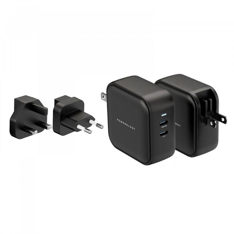 شاحن باورولوجي فائق السرعة 63 واط من GaN، شحن سريع 45 واط PD وUSB-A، شحن سريع 18 واط QC3.0 مع كابل من النوع C إلى النوع C بقوة 60 واط - أسود