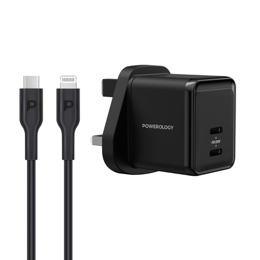 Powerology Super Compact Quick Charger With Braided USB-C To Lightning Cable 1.2m/4ft - Black