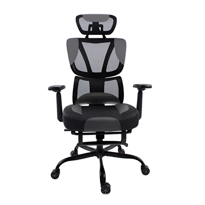 BLACK BULL Mesh Office and Gaming Chair with Footrest, Adjustable Headrest, 3D Armrest, 130kg Load Capacity, Black/Grey