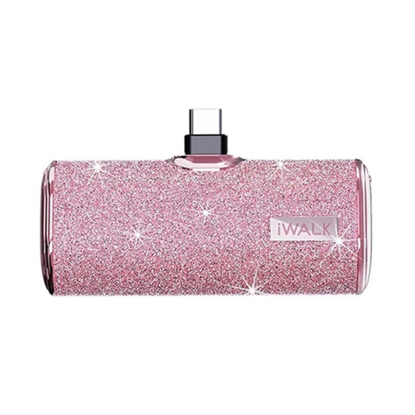 iWalk Secret 4500 | 4500mAh BlingBling Portable Charger for iPhone [Built-In Type C Connector] Sparkly Diamond Design, Mini as a Lipstick - Diamond / Pink