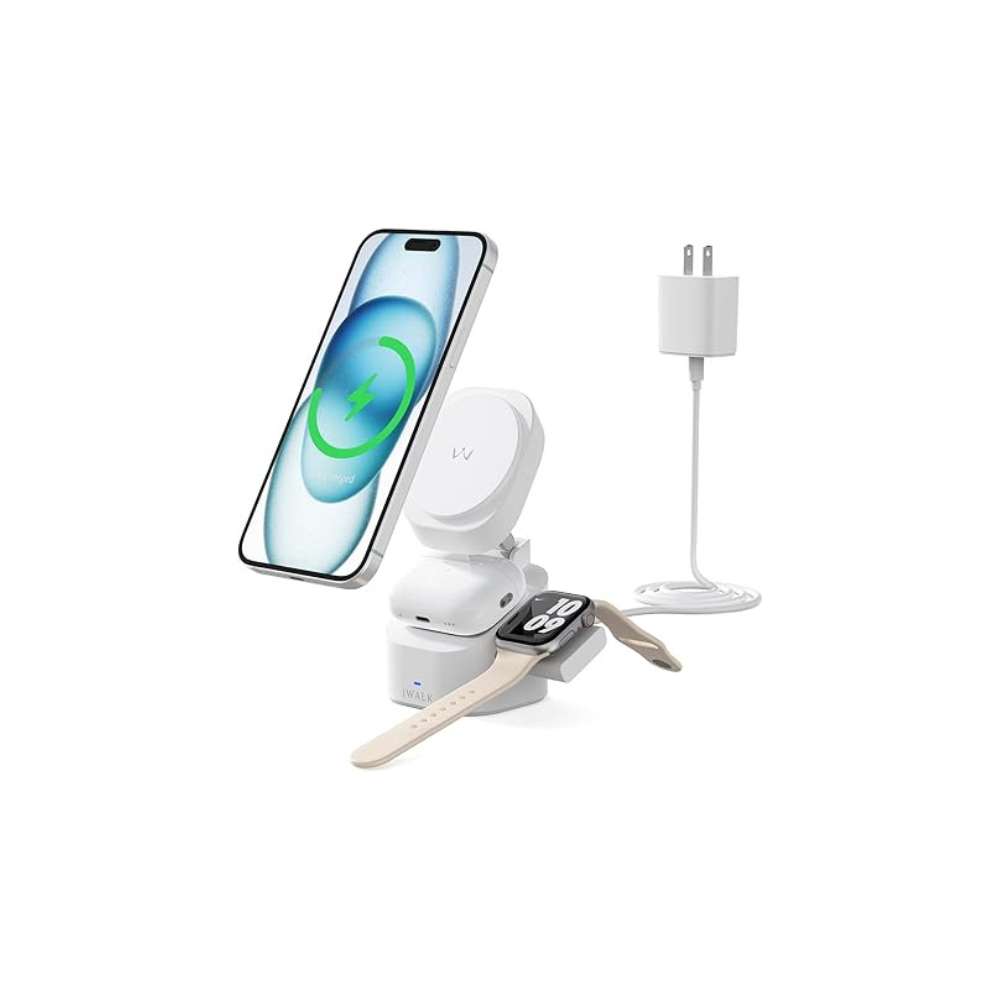 iWalk StandMe Power | متوافق مع MagSafe، حامل شحن لاسلكي 3 في 1 قابل للطي بقوة 15 واط، تصميم قابل للطي 3 في 1، يدعم وضع الاستعداد، شاحن سفر ومكتب لأجهزة iPhone|Apple Watch|Airpods - أسود