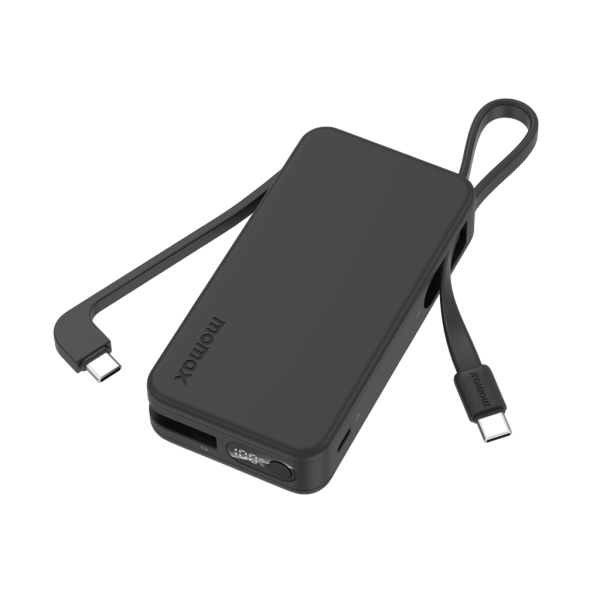 MOMAX 1-Power Vital+ 10000mAh Battery Pack with Dual Built-in USB-C Cable (Black)