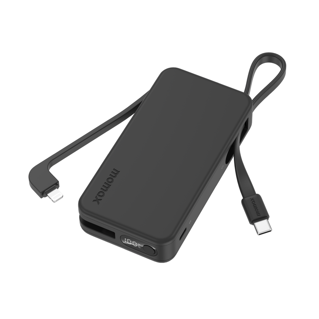 MOMAX 1-Power Vital+ 10000mAh Battery Pack with Built-in USB-C and Lightning Cable (Black)