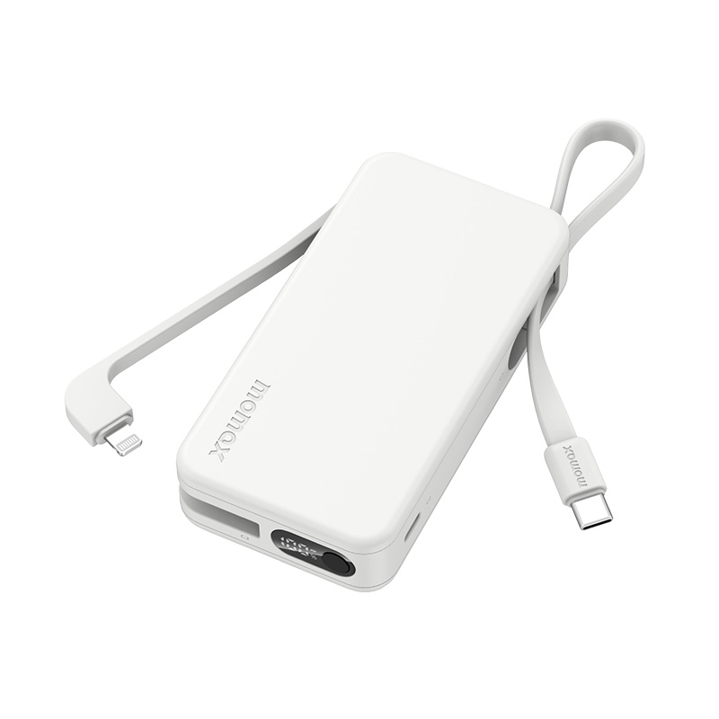 MOMAX 1-Power Vital+ 10000mAh Battery Pack with Built-in USB-C and Lightning Cable (White)