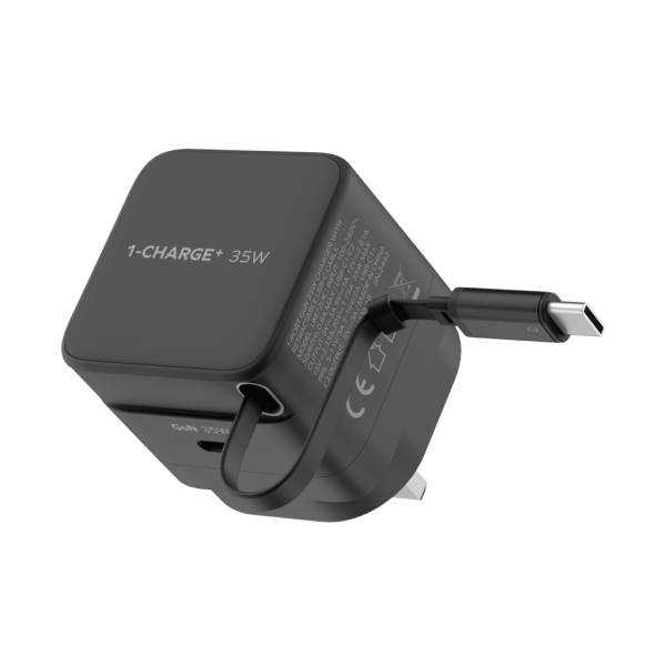 MOMAX 1-Charge+ 1-Port GaN 35W charger with Retractable USB-C Cable (Black)