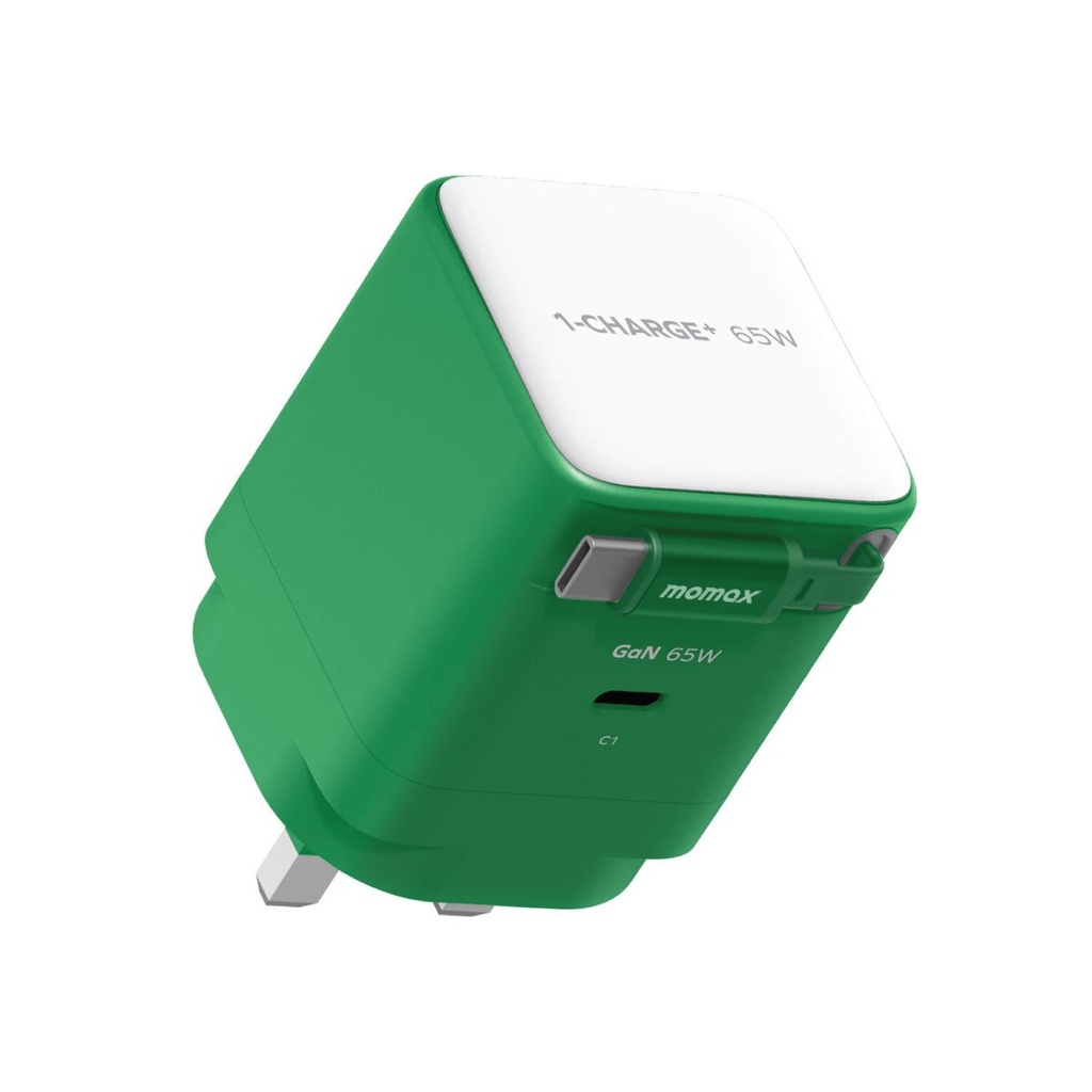 MOMAX 1-Charge+ 1-Port GaN 65W Charger with Retractable USB-C Cable (Green)