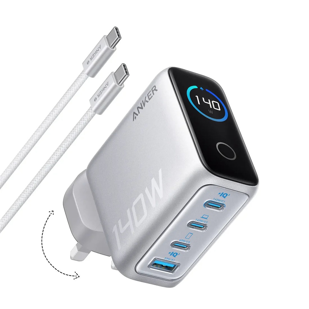 Anker Charger (140W, 4-Ports, PD 3.1) with USB-C Cable - Silver