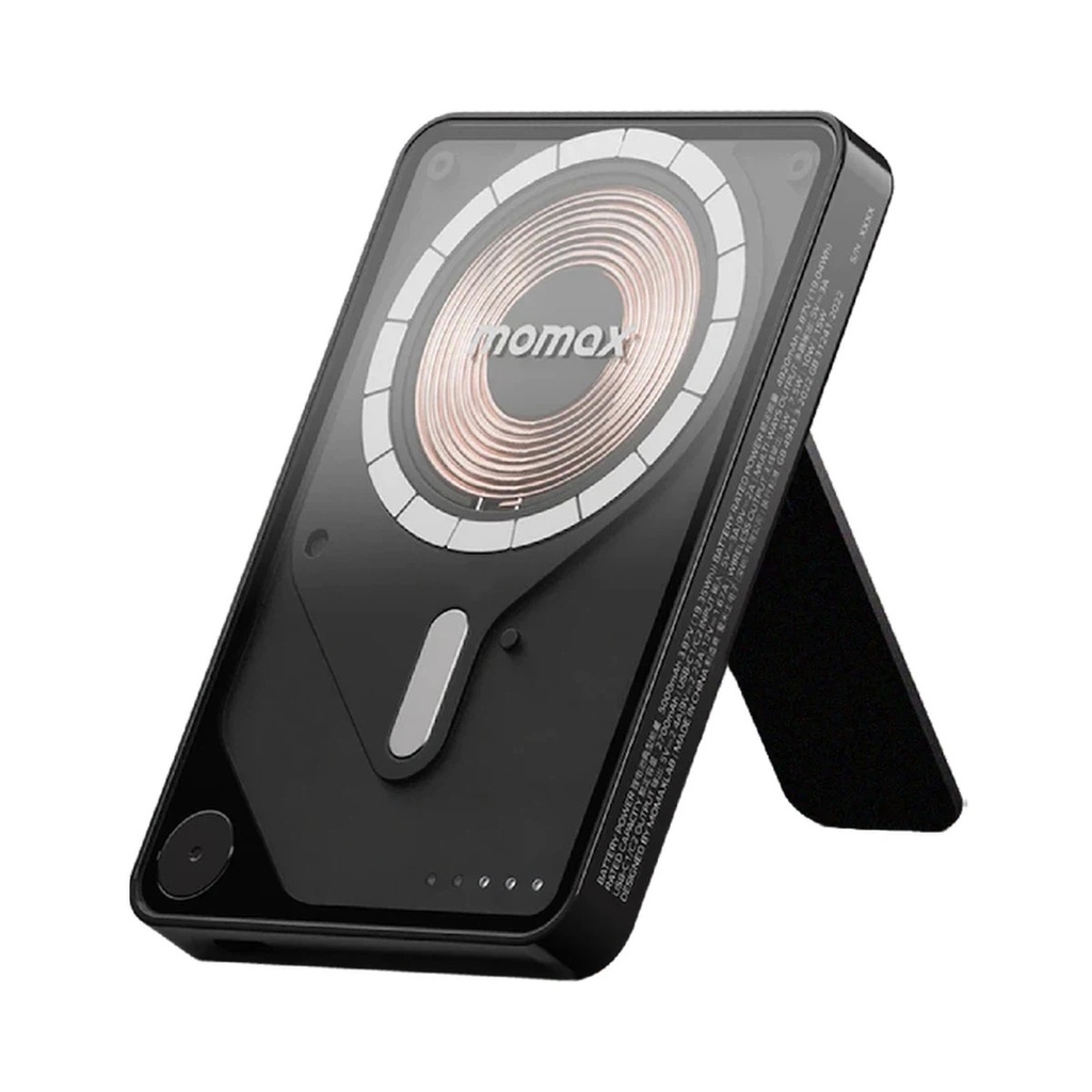 Momax 1-Power X Pro Magnetic Wireless Battery Pack (5000mAh) with Stand and Built-in USB-C Cable (Black)
