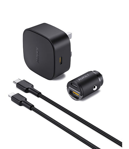 Aukey 20W Compact PD Charger - Black - Type C Output + USB-C - Lightning Cable - 1.2 Mtrs + World Smallest 30W Car Charger