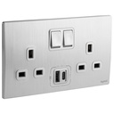 Legrand British Standard Socket Outlet With USB Type - A + C Chargers - 13A 250V~ 2 Gang Single Pole Switched - Brushed Aluminium