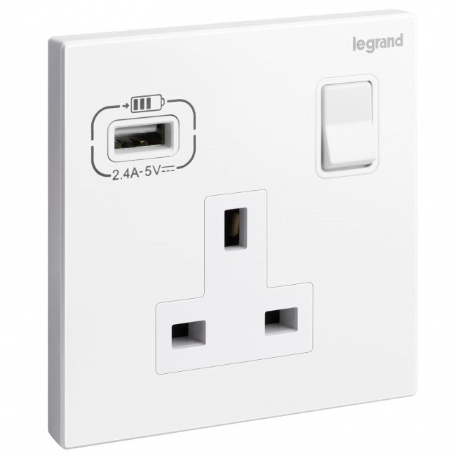 Legrand British Standard Socket Outlet With USB Type - A Charger Galion - 13A 250V 1 Gang Single Pole - Switched - White